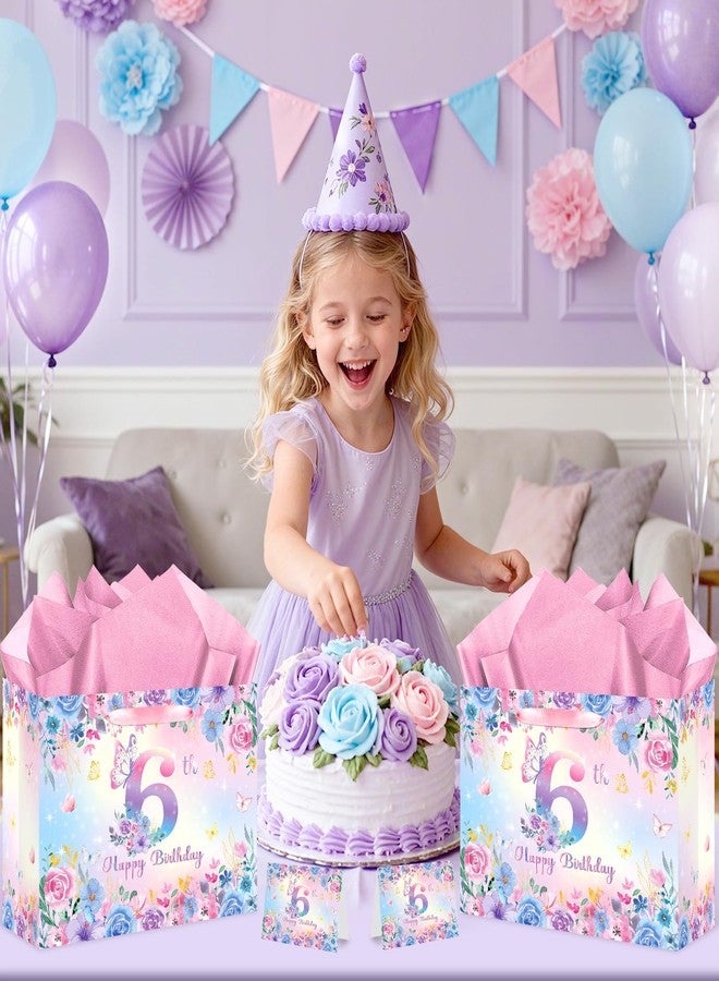 LUUFILx 6th Butterfly Birthday Gift Bag for Girls Pink Butterfly Wrapping Paper Flower Party Favor Bags with Greeting Card Purple Pink Floral Gift Bag for Baby Shower Birthday Decorations Party Supplies - Image 2