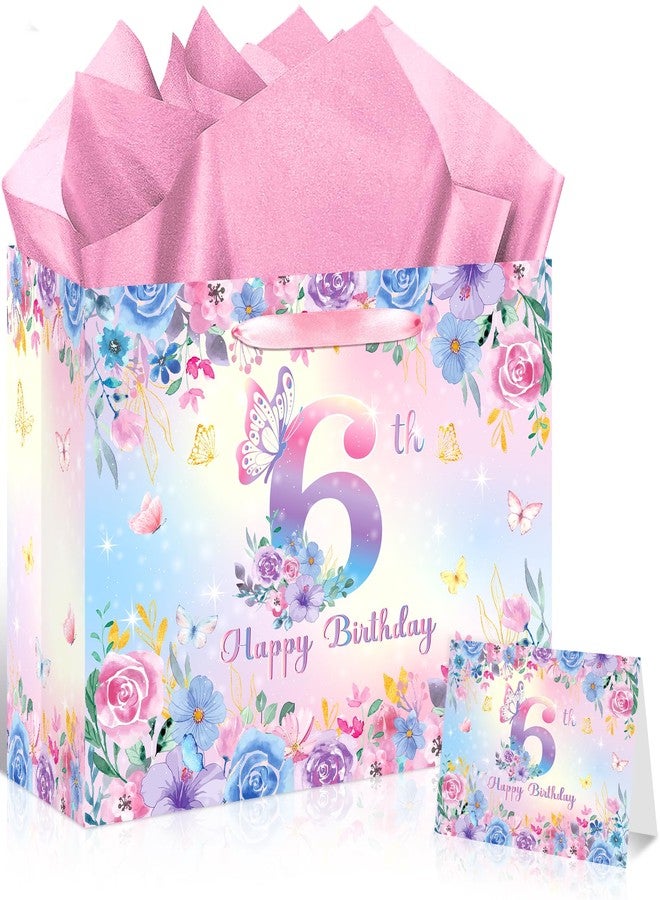 LUUFILx 6th Butterfly Birthday Gift Bag for Girls Pink Butterfly Wrapping Paper Flower Party Favor Bags with Greeting Card Purple Pink Floral Gift Bag for Baby Shower Birthday Decorations Party Supplies - Image 1