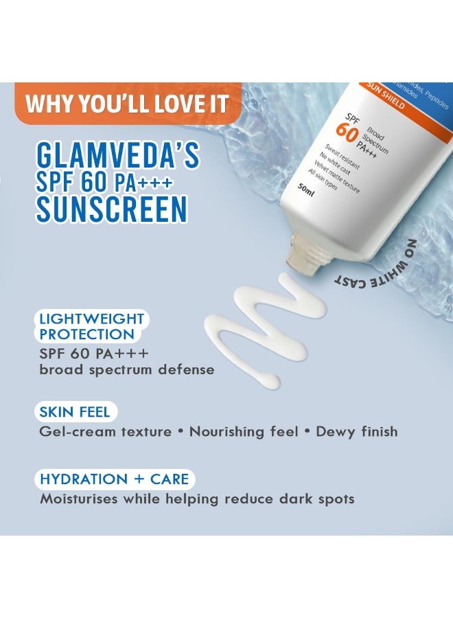 Glamveda Ultra-Light SPF 60 PA+++ Sunscreen 50 ml | Water-Full Hydration with 1% Hyaluronic Acid, Ceramides, Peptides & Niacinamide | Broad Spectrum | Anti-Aging, No White Cast, All Skin Types - Image 3