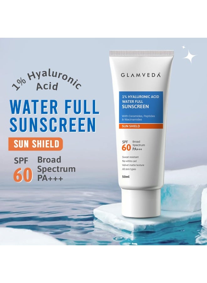 Glamveda Ultra-Light SPF 60 PA+++ Sunscreen 50 ml | Water-Full Hydration with 1% Hyaluronic Acid, Ceramides, Peptides & Niacinamide | Broad Spectrum | Anti-Aging, No White Cast, All Skin Types - Image 2