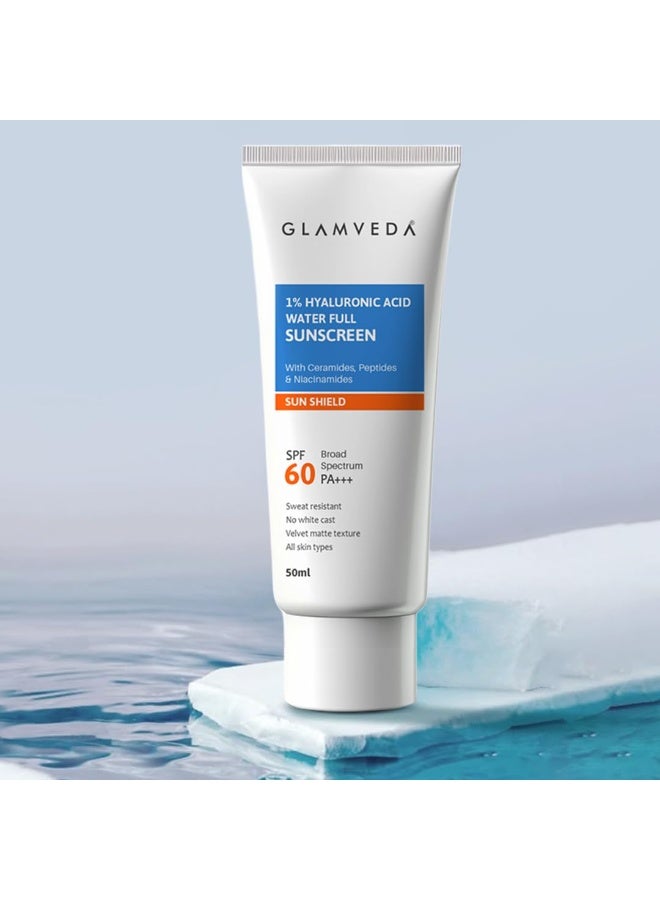 Glamveda Ultra-Light SPF 60 PA+++ Sunscreen 50 ml | Water-Full Hydration with 1% Hyaluronic Acid, Ceramides, Peptides & Niacinamide | Broad Spectrum | Anti-Aging, No White Cast, All Skin Types - Image 1
