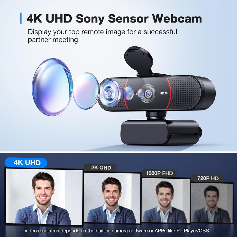 إي ميت كاميرا ويب C960 بدقة 4K للكمبيوتر، مستشعر سوني بدقة 4K UHD، تركيز تلقائي PDAF، ميكروفونات مزدوجة مع إلغاء الضوضاء بالذكاء الاصطناعي، تصحيح تلقائي للإضاءة، زاوية رؤية 73°، كاميرا ويب تعمل بالتوصيل والتشغيل مع غطاء خصوصية، تعمل مع Zoom/Teams/Google Meet - Image 2
