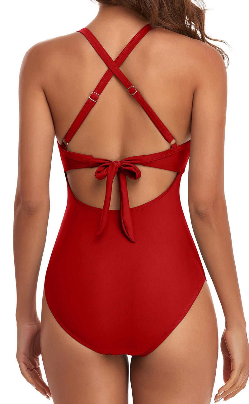 Eomenie Women's One Piece Swimsuits Tummy Control Cutout High Waisted Bathing Suit Wrap Tie Back 1 Piece Swimsuit Red - Image 3
