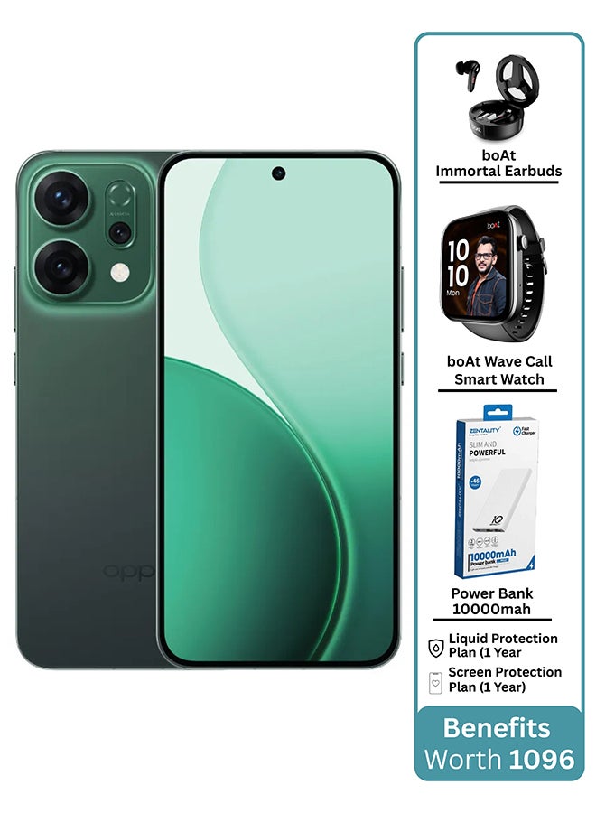 OPPO Reno14 AI Phone Dual SIM 5G Green 12GB RAM 512GB + Boat Call2 Watch + Boat Immortal 171 Buds + Zentality Powerbank 10k mAh + 12 Month (Liquid + Screen Protection) Warranty - Middle East Version