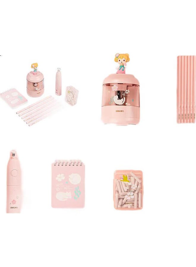 Deli Student Electric Stationery Set With Electric Pencil Sharpener, Eraser, Gift Pencil, Birthday And Back-To Gift, Learning Gift Pack For Grades 1-3, Vintage Style, Girl'S 12-Piece Set - Image 2