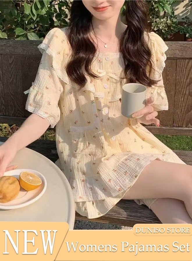 DUNISO Women's 2pcs Pajama Set Short Sleeve Nightgown Lace Sleepwear Button Down Loungewear Girls Comfortable Round Neck Nightwear Summer Home Wear - Image 1