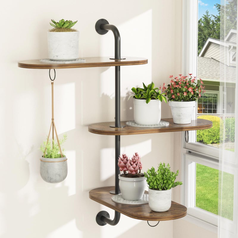 VyGrow Rotating Window Plant Shelves with 3 Anti-slip Mats, 3 Tier Plant Stand Indoor Outdoor, Wooden Window Plant Shelf with 3 Circle Hook, Hanging Plant Holder for Window, Potted Plants, Flowerpots (Antique Color, 3 Tier) - Image 1