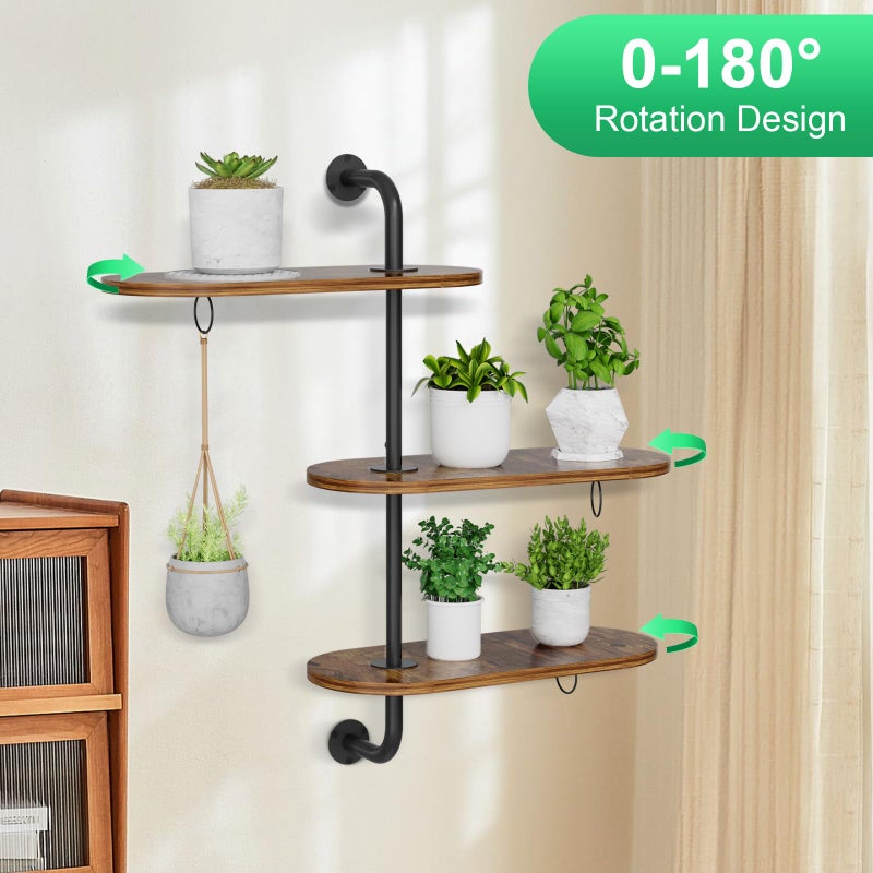 VyGrow Rotating Window Plant Shelves with 3 Anti-slip Mats, 3 Tier Plant Stand Indoor Outdoor, Wooden Window Plant Shelf with 3 Circle Hook, Hanging Plant Holder for Window, Potted Plants, Flowerpots (Antique Color, 3 Tier) - Image 3
