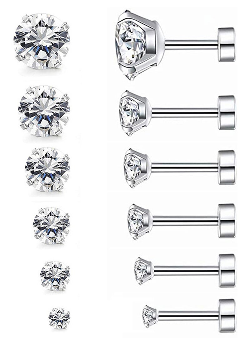 NOVOLAN NOVOLAN Stud Earrings 6 Pairs Hoop Earrings Set Women Girls, Stainless Steel Piercing Jewelry 6 Size AAA Zircon With Round Cake Ear Stud Earrings 4-Claw Grab Zircon Ear Bone Stud (White Gold)  - Image 1