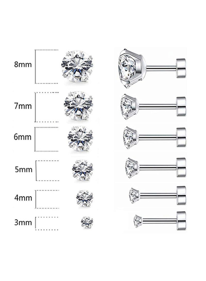 NOVOLAN NOVOLAN Stud Earrings 6 Pairs Hoop Earrings Set Women Girls, Stainless Steel Piercing Jewelry 6 Size AAA Zircon With Round Cake Ear Stud Earrings 4-Claw Grab Zircon Ear Bone Stud (White Gold)  - Image 5