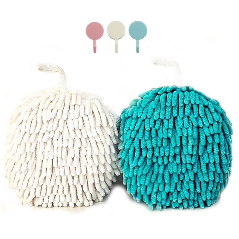 ACOCPOL 2 Pack Soft Hand Drying Hanging Ball Towels for Bathroom Microfiber Decorative Kitchen Fuzzy Ball Plush Sponge Cute Chenille Hand Towels with Hanging Loops White and Sky Blue
