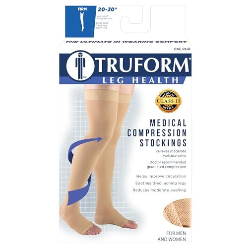 Truform جوارب ضغط Truform 20-30 مم زئبقي للرجال والنساء، بطول فخذ، بعلبة نقطية، مفتوحة الأصابع، بيج، كبير جداً - Image 4