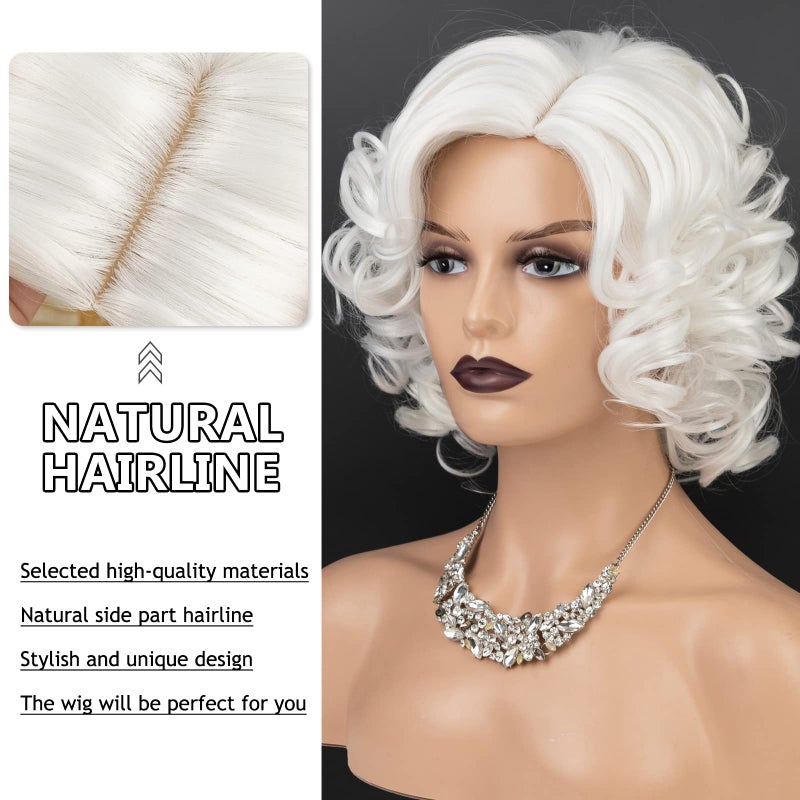 SEVENCOLORS Short White Curly Wigs for Women Natural Soft Hair Cosplay Costume Halloween Wigs Synthetic Big Curly Bob Wig(White) - Image 4