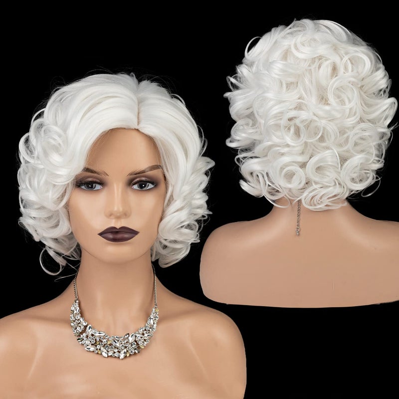 SEVENCOLORS Short White Curly Wigs for Women Natural Soft Hair Cosplay Costume Halloween Wigs Synthetic Big Curly Bob Wig(White) - Image 1
