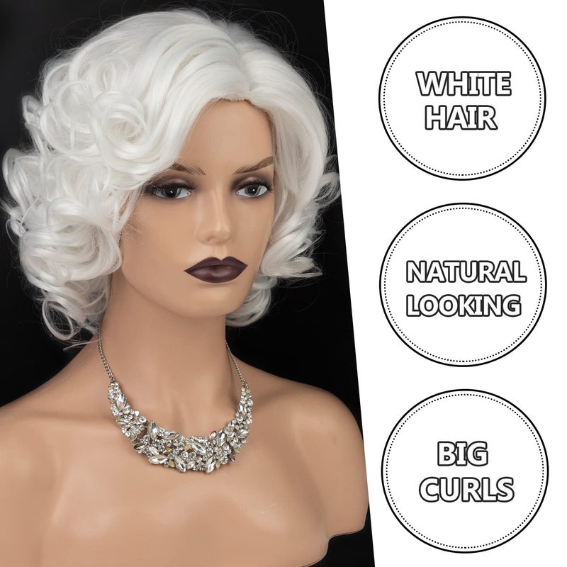 SEVENCOLORS Short White Curly Wigs for Women Natural Soft Hair Cosplay Costume Halloween Wigs Synthetic Big Curly Bob Wig(White) - Image 3