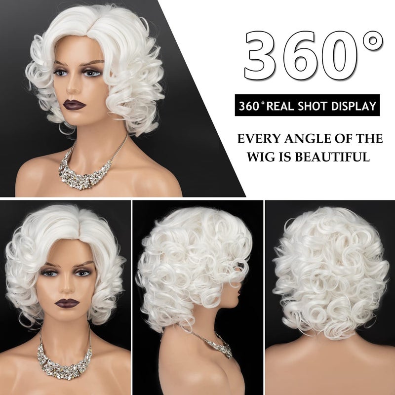 SEVENCOLORS Short White Curly Wigs for Women Natural Soft Hair Cosplay Costume Halloween Wigs Synthetic Big Curly Bob Wig(White) - Image 2