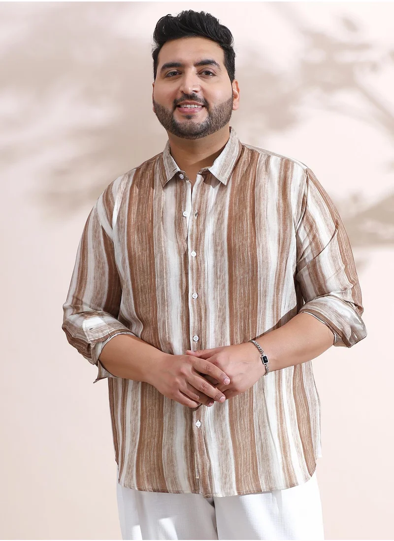 انستافاب بلس Instafab Plus Men's Ash Brown Striped-Strokes Shirt For Casual Wear | Spread Collar | Long Cuffed Sleeves | Button Closure | Plus Size Shirt Crafted With Comfort Fit For Everyday Wear