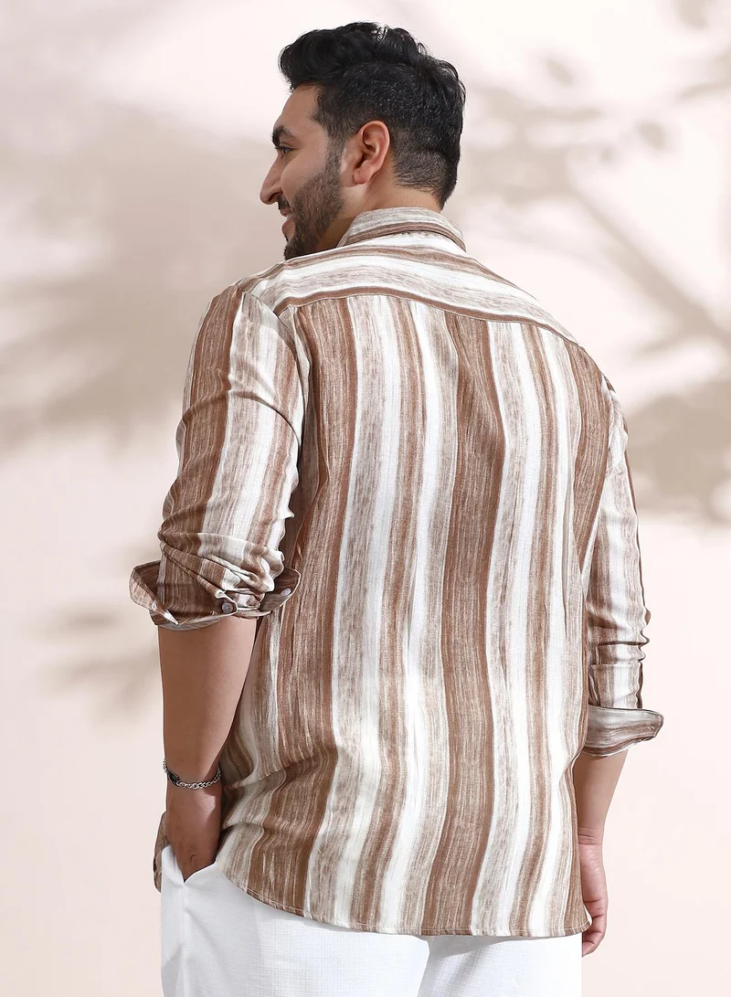 Instafab Plus Instafab Plus Men's Ash Brown Striped-Strokes Shirt For Casual Wear | Spread Collar | Long Cuffed Sleeves | Button Closure | Plus Size Shirt Crafted With Comfort Fit For Everyday Wear
