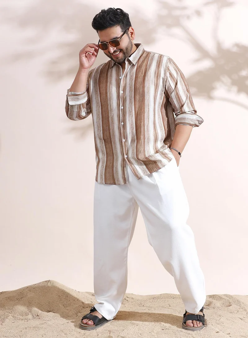 Instafab Plus Instafab Plus Men's Ash Brown Striped-Strokes Shirt For Casual Wear | Spread Collar | Long Cuffed Sleeves | Button Closure | Plus Size Shirt Crafted With Comfort Fit For Everyday Wear