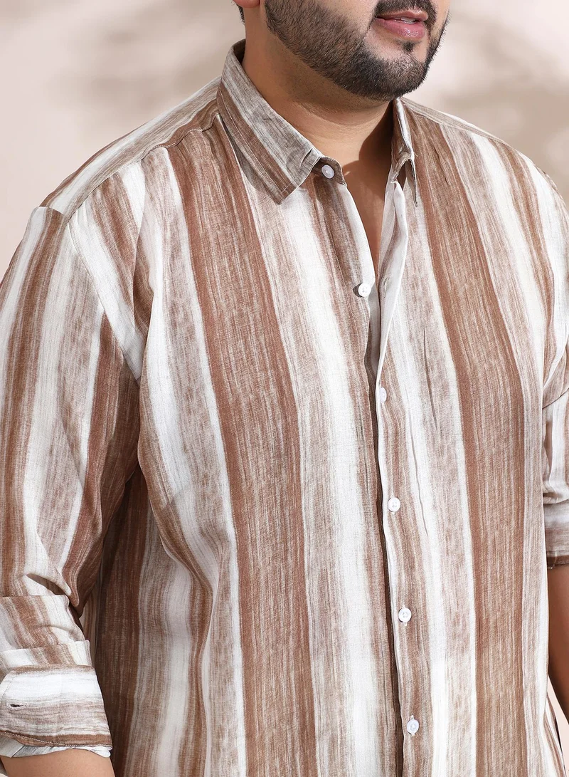 Instafab Plus Instafab Plus Men's Ash Brown Striped-Strokes Shirt For Casual Wear | Spread Collar | Long Cuffed Sleeves | Button Closure | Plus Size Shirt Crafted With Comfort Fit For Everyday Wear