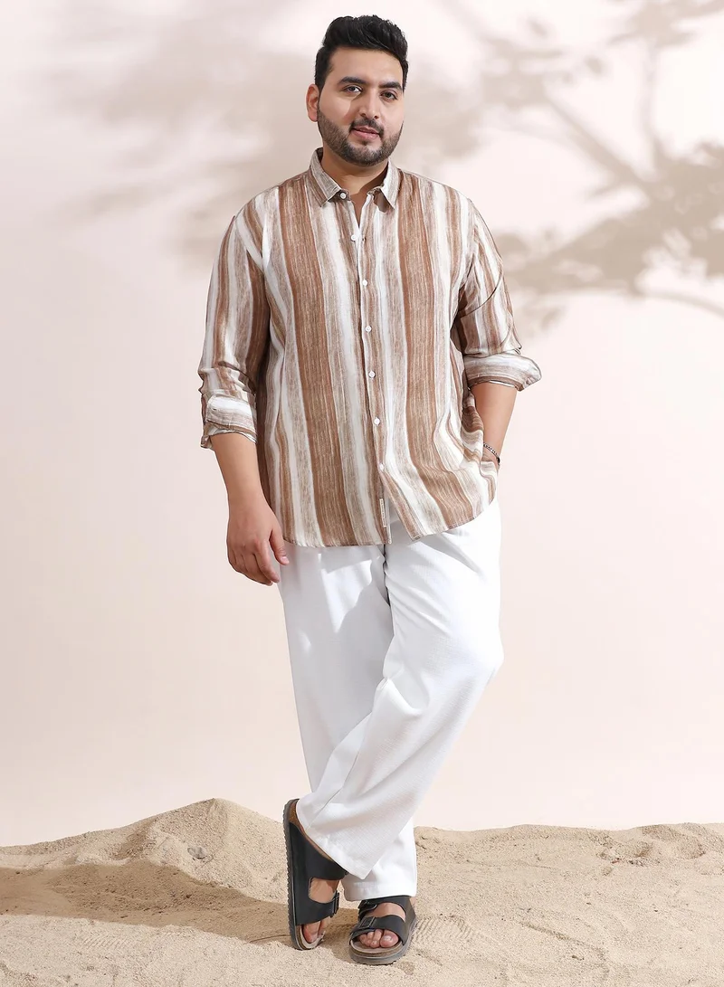 Instafab Plus Instafab Plus Men's Ash Brown Striped-Strokes Shirt For Casual Wear | Spread Collar | Long Cuffed Sleeves | Button Closure | Plus Size Shirt Crafted With Comfort Fit For Everyday Wear