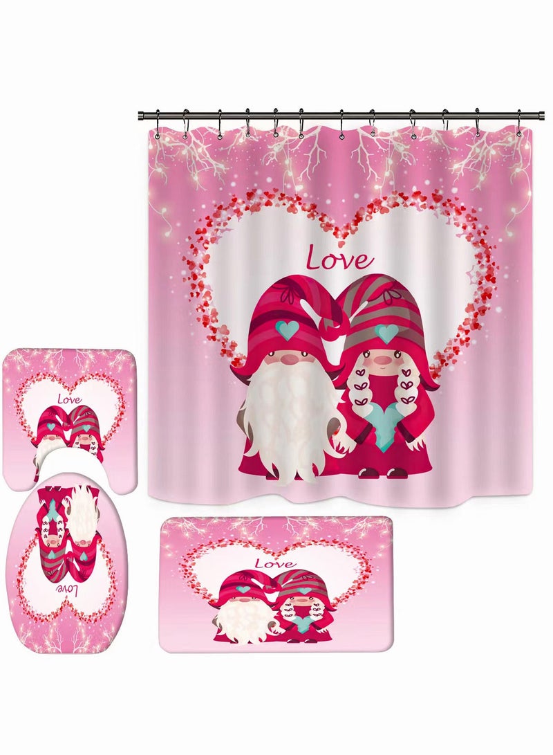 4-Pieces/Set Bathroom Household Supplies,Love Heart Pattern Bathroom Suit,Shower Curtain/Pedestal Rug/Toilet Lid Cover/Bath Mat Decor Set - Image 1