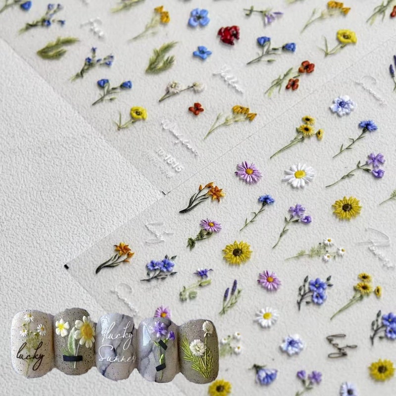 SPLOCUDU Flower Nail Art Stickers Daisy Sunflower Nail Decals for Nail Art Design Spring Summer Floral Nail Stickers Manicure Decorations for Women Girls Children - Image 1