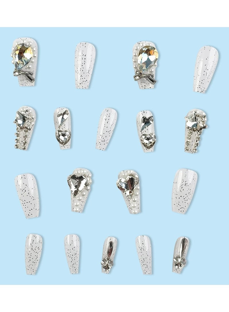 Goolsky Handmade Luxury Press On Nails – Heart Snowflake Glass Crystal Fake Nail Tips INS Style White Enhancing Nail Art, 30pcs Reusable - Image 2