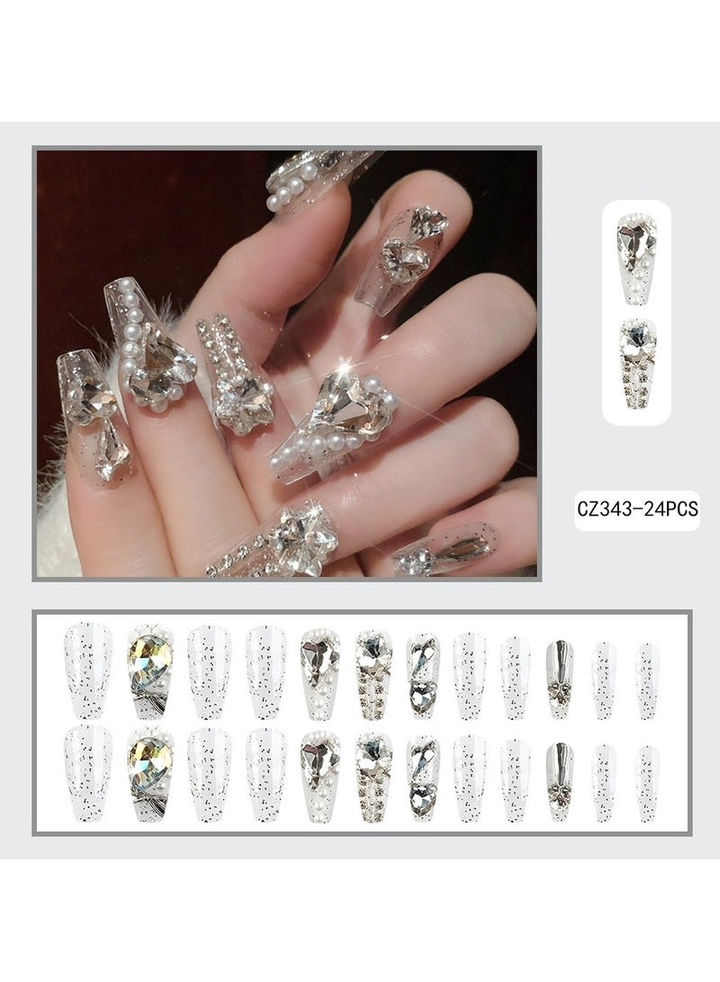 Goolsky Handmade Luxury Press On Nails – Heart Snowflake Glass Crystal Fake Nail Tips INS Style White Enhancing Nail Art, 30pcs Reusable - Image 1