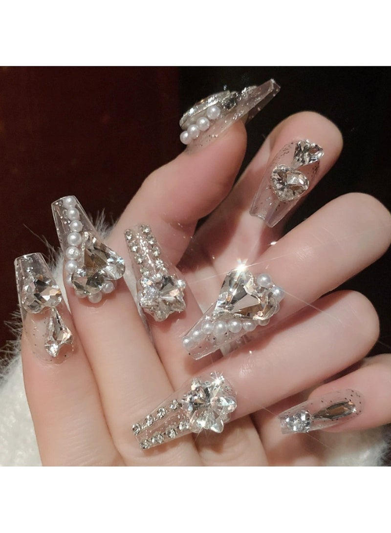 Goolsky Handmade Luxury Press On Nails – Heart Snowflake Glass Crystal Fake Nail Tips INS Style White Enhancing Nail Art, 30pcs Reusable - Image 3