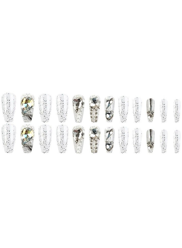 Goolsky Handmade Luxury Press On Nails – Heart Snowflake Glass Crystal Fake Nail Tips INS Style White Enhancing Nail Art, 30pcs Reusable - Image 4