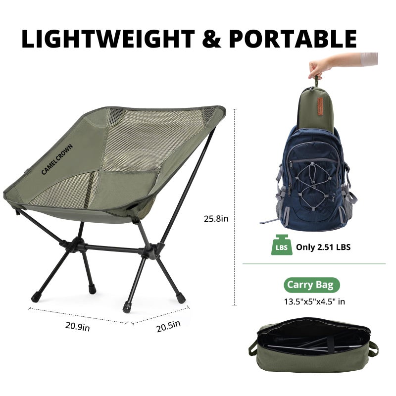 CAMEL CROWN Camping Chair Heavy Duty Backpacking Chair - Ultra-Light Folding Chair with Carry Bag, Portable Compact for Outdoor, Lawn, Hiking, Beach, Picnic - Image 2