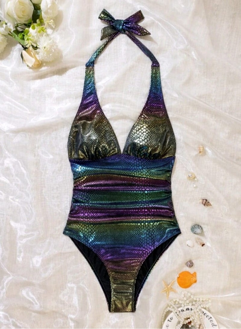 Shein SHEIN1pc Women's Rainbow Crocodile Skin Print One-Piece Swimsuit  - Image 2