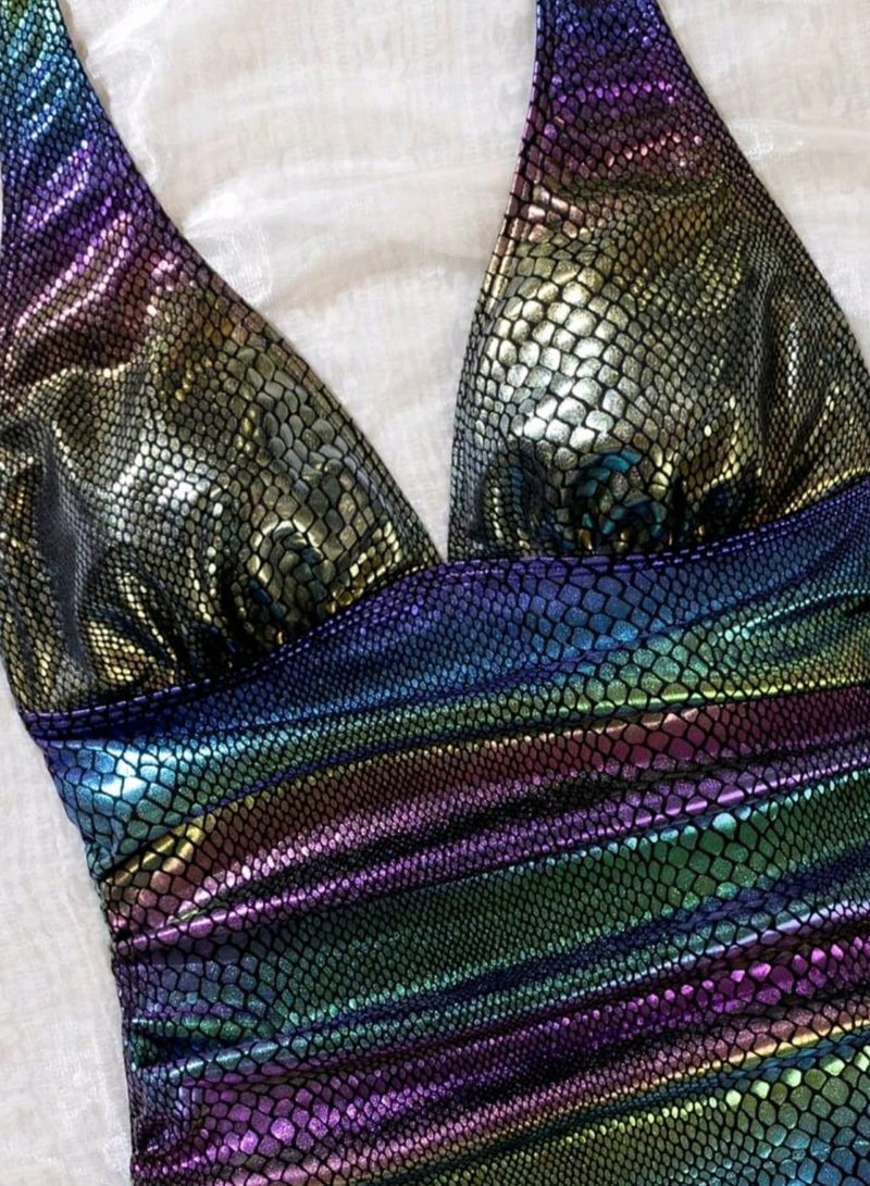 Shein SHEIN1pc Women's Rainbow Crocodile Skin Print One-Piece Swimsuit  - Image 3