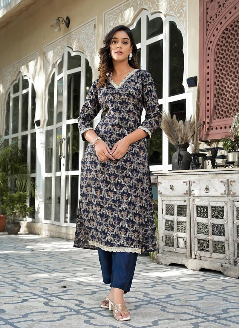 ZERESOUQ Navy Blue Silk Blend Printed Zari Work 2-Piece Kurta Set