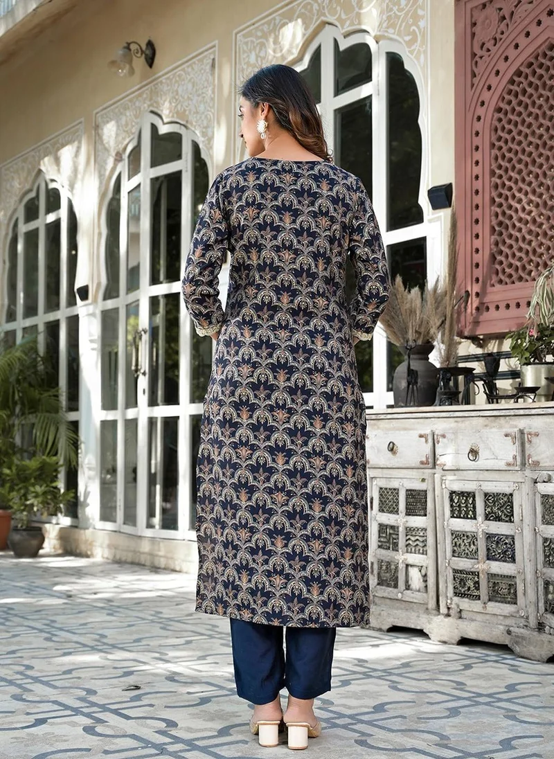 ZERESOUQ Navy Blue Silk Blend Printed Zari Work 2-Piece Kurta Set