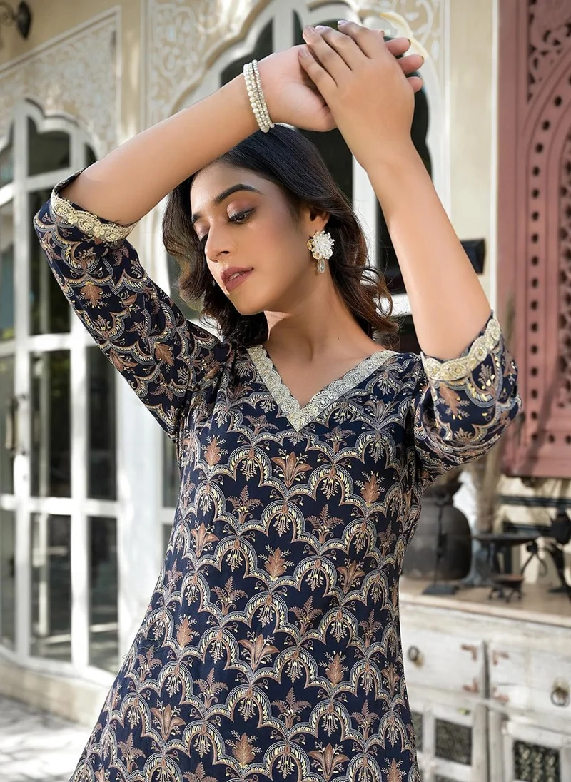 ZERESOUQ Navy Blue Silk Blend Printed Zari Work 2-Piece Kurta Set
