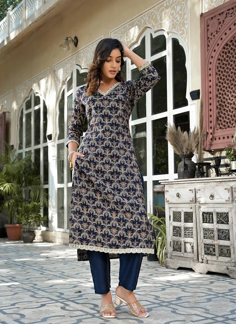 ZERESOUQ Navy Blue Silk Blend Printed Zari Work 2-Piece Kurta Set