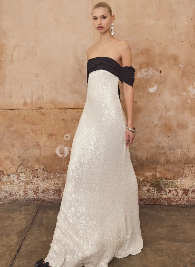 True Decadence Paloma White Sequin Maxi-Dress With Black Bardot Bow Detail