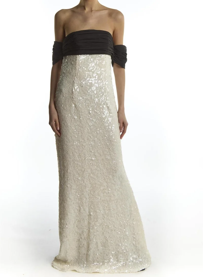True Decadence Paloma White Sequin Maxi-Dress With Black Bardot Bow Detail
