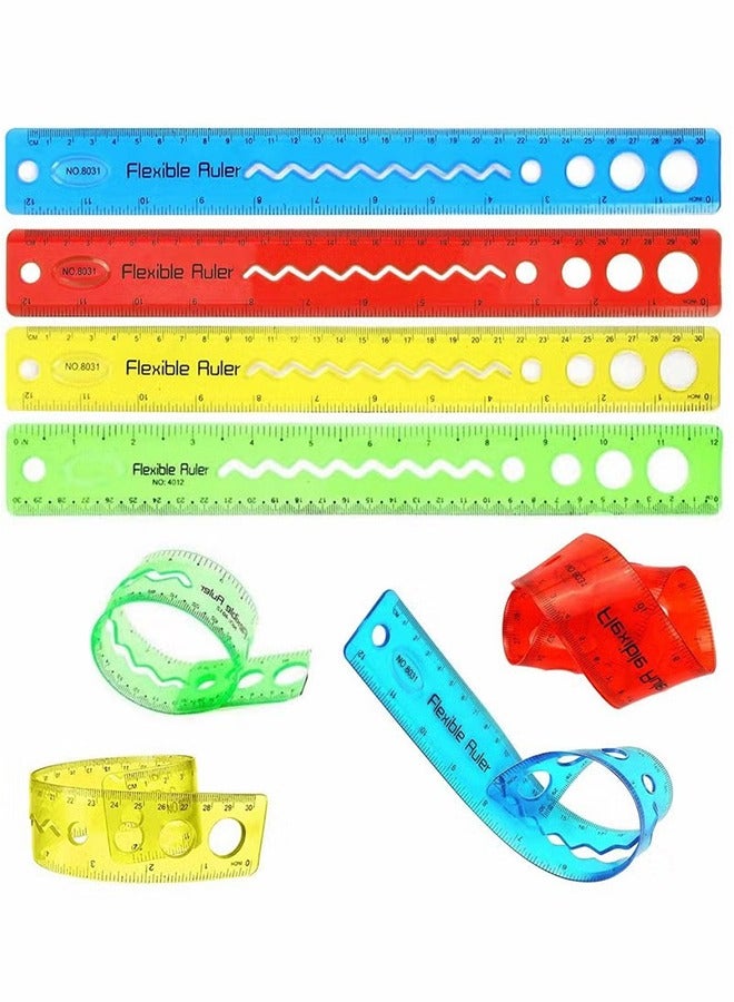Generic Flexible Ruler Set, 8 Pcs 30cm/12inch Translucent Ruler, 4 Colors Soft Plastic Ruler with Inches and Metric Dual Side Rulers Bendable Rule  - Image 1