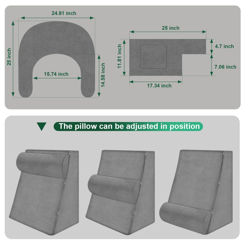 laapee Reading Pillow Set for Adults 3-Piece - Ergonomic Back/Neck Support with Arms & Pockets - 26D High-Density Foam for Bed/Couch Reading Gaming Watching TV (Light Gray) - Image 5