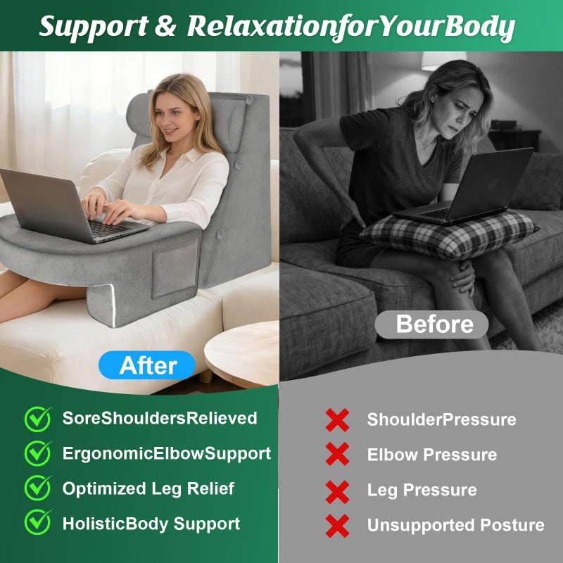laapee Reading Pillow Set for Adults 3-Piece - Ergonomic Back/Neck Support with Arms & Pockets - 26D High-Density Foam for Bed/Couch Reading Gaming Watching TV (Light Gray) - Image 4
