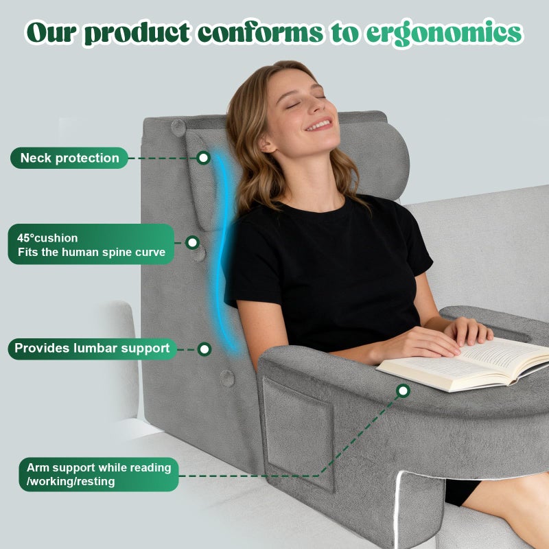 laapee Reading Pillow Set for Adults 3-Piece - Ergonomic Back/Neck Support with Arms & Pockets - 26D High-Density Foam for Bed/Couch Reading Gaming Watching TV (Light Gray) - Image 3