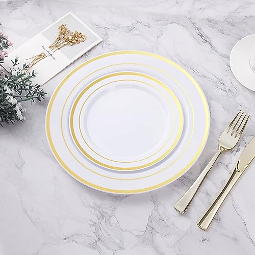 BESTVIP 100PCS Gold Plastic Plates, 10.25 Inch Disposable Dinner Plate Party with Gold Rim for Christmas, Thanksgiving, Heavy Duty Disposable Plastic Plates for Party, Wedding and Birthday, Events - Image 5