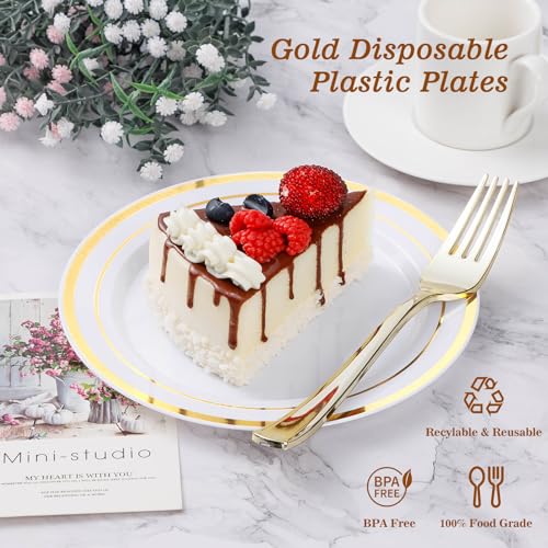BESTVIP 100PCS Gold Plastic Plates, 10.25 Inch Disposable Dinner Plate Party with Gold Rim for Christmas, Thanksgiving, Heavy Duty Disposable Plastic Plates for Party, Wedding and Birthday, Events - Image 2