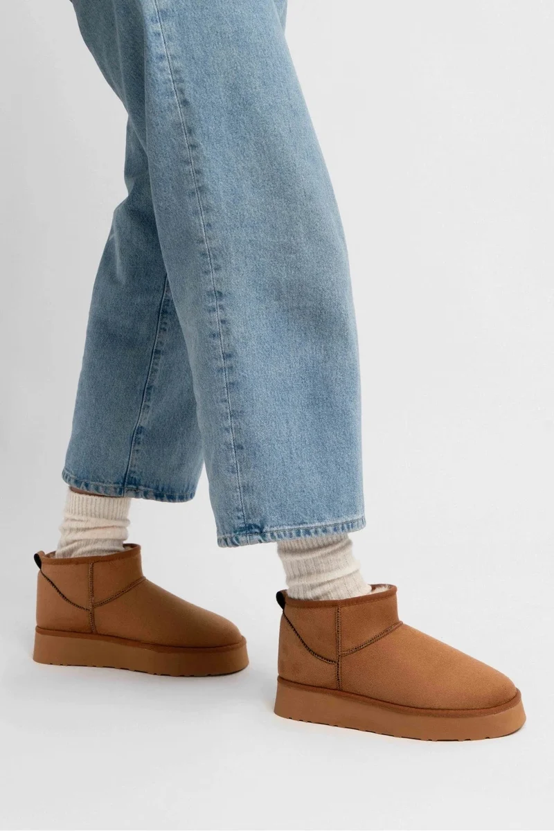Nisantasi Shoes Mini Tan Suede Fur Lined Thick Sole Ankle Boots
