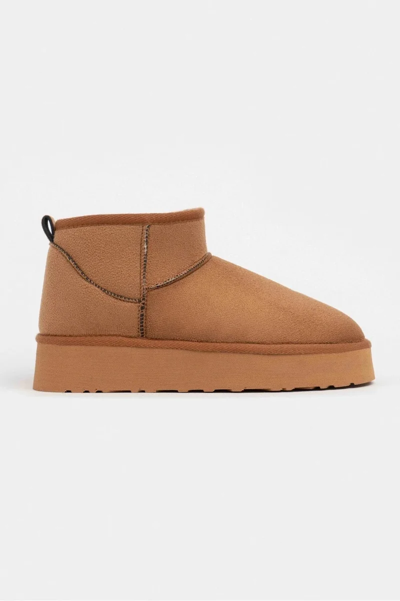 Nisantasi Shoes Mini Tan Suede Fur Lined Thick Sole Ankle Boots