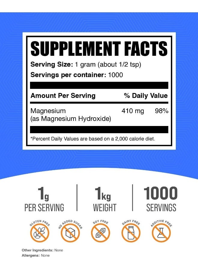 BulkSupplements مسحوق هيدروكسيد المغنيسيوم - مسحوق مكمل المغنيسيوم - مكمل هيدروكسيد المغنيسيوم - 1000 ملغ (410 ملغ من المغنيسيوم) لكل حصة، 1000 حصة (1 كيلوغرام - 2.2 رطل) - Image 2
