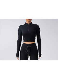 Seamless Yoga Set Zip Jacket Drawstring Pants Black Top